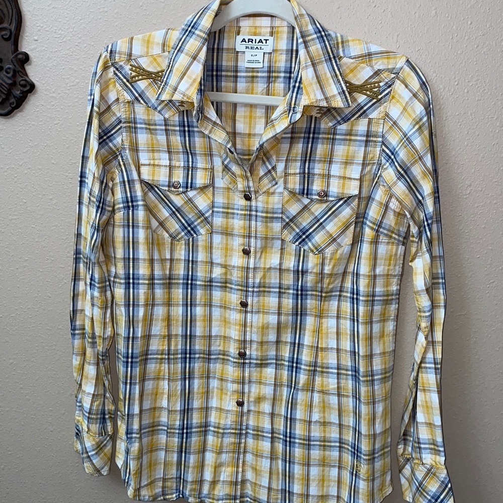 Ariat Ladies long sleeve blouse, yellow and blue, in excellent condition, size S